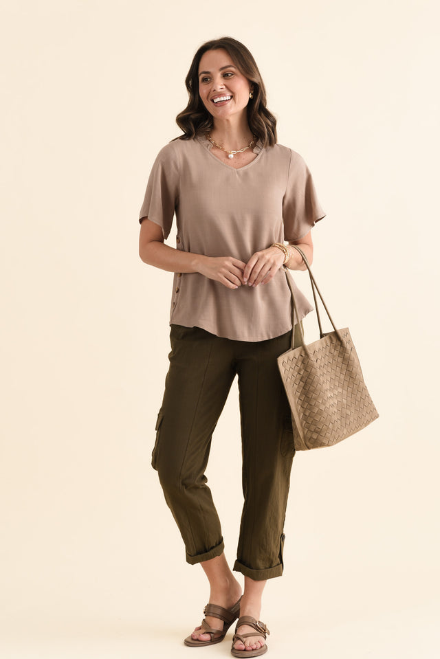 Hina Mocha Frill Collar Top,brunette model,Full Outfit,alt text|model:MJ image 2