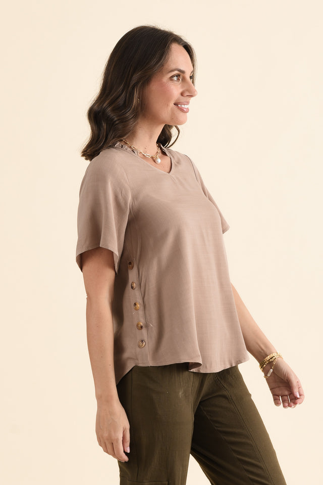 Hina Mocha Frill Collar Top,brunette model,Side of Outfit,alt text|model:MJ image 3