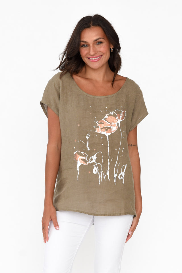 Hiromi Khaki Foil Flower Linen Top neckline_Round