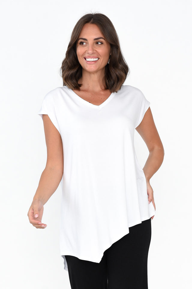 Holiday White Asymmetrical Bamboo Tee neckline_V Neck