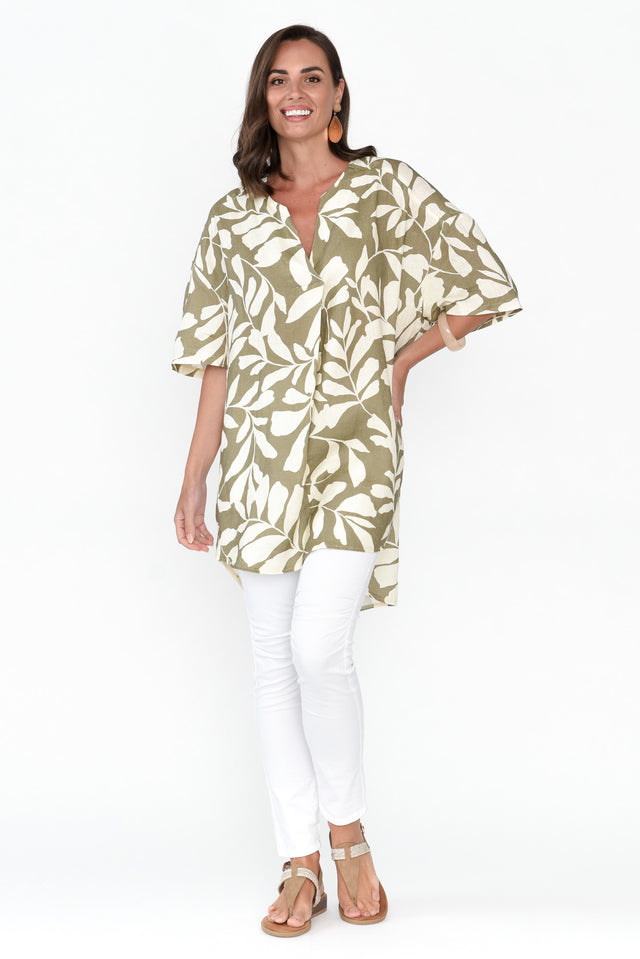Holland Khaki Leaf Linen V Neck Tunic image 7