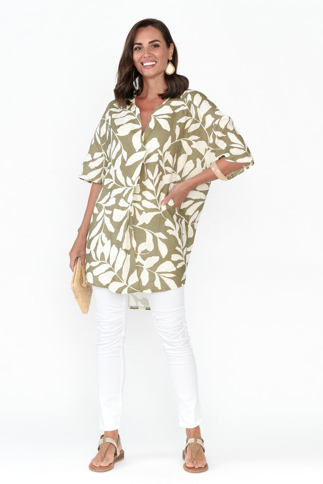 Holland Khaki Leaf Linen V Neck Tunic image 3