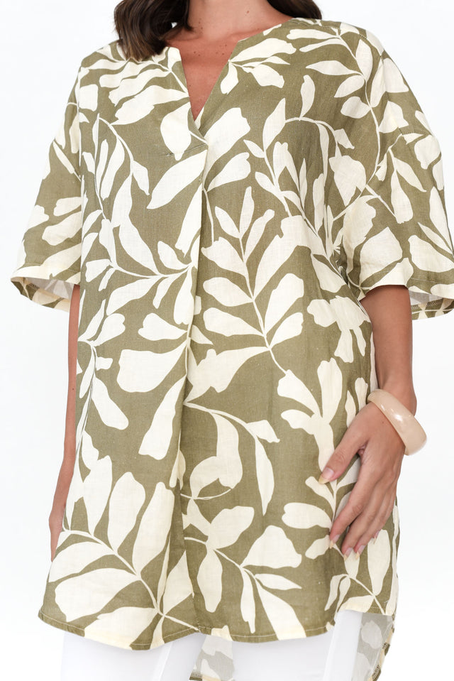 Holland Khaki Leaf Linen V Neck Tunic image 6