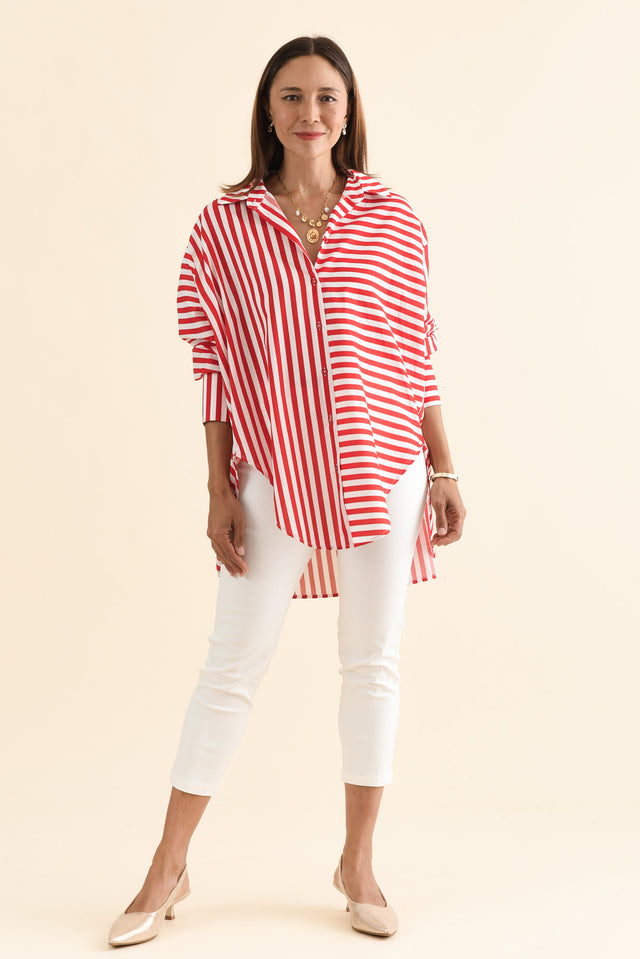 Homestead Red Stripe Cotton Shirt,Full Body,Brunette model,alt text|model:Cara