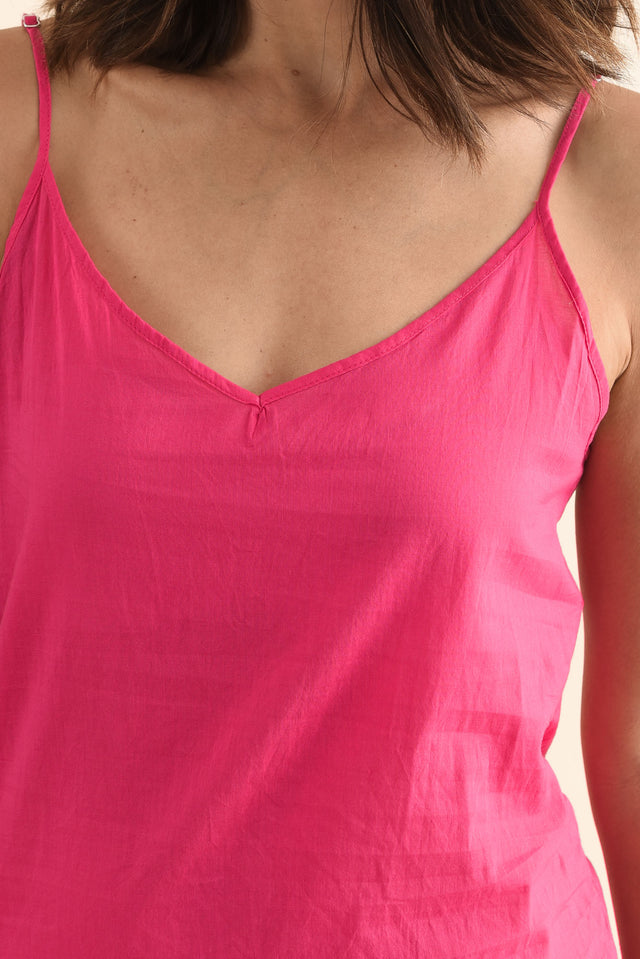Hot Pink Cotton Slip Dress,Detail,Brunette model,alt text|model:Cara image 5