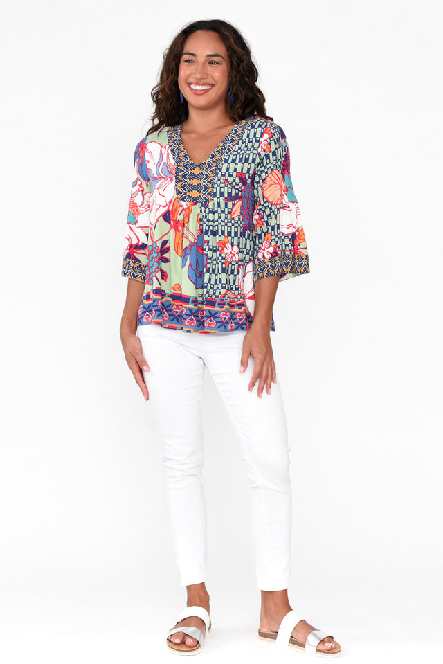 Icaria Blue Tropical V Neck Top