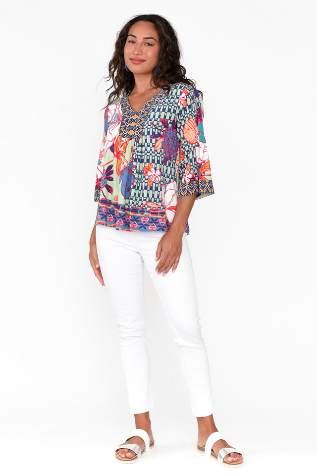 Icaria Blue Tropical V Neck Top