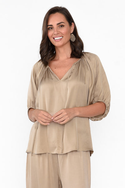 Ignite Champagne Gathered Tie Top neckline_V Neck