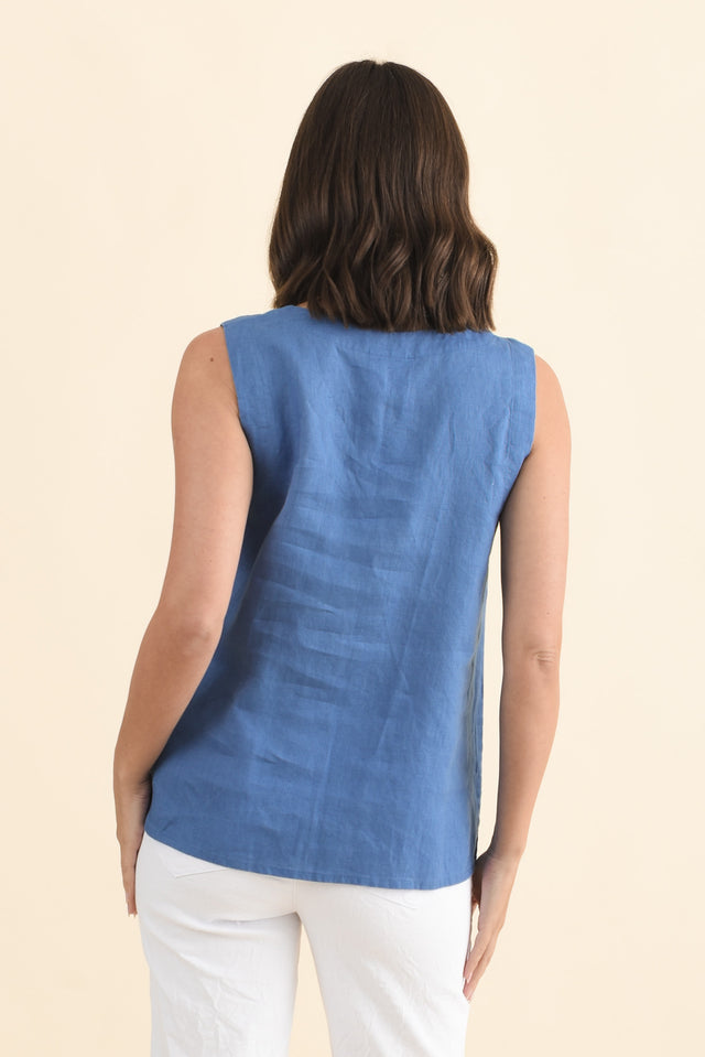 Inez Blue Linen Tank,Brunette model,alt text|model:MJ image 5