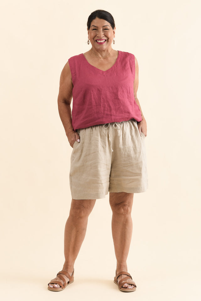 Nirah Beige Linen Pocket Shorts,Full Body,Brunette model,alt text|model:Pilita image 9
