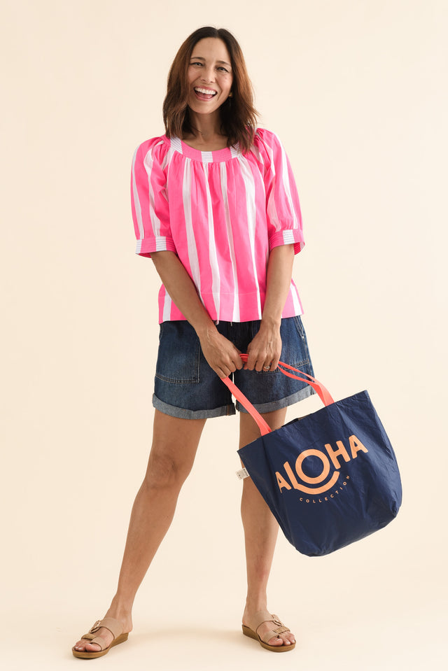 Irma Pink Stripe Cotton Top,Full Body,Brunette model,alt text|model:Cara