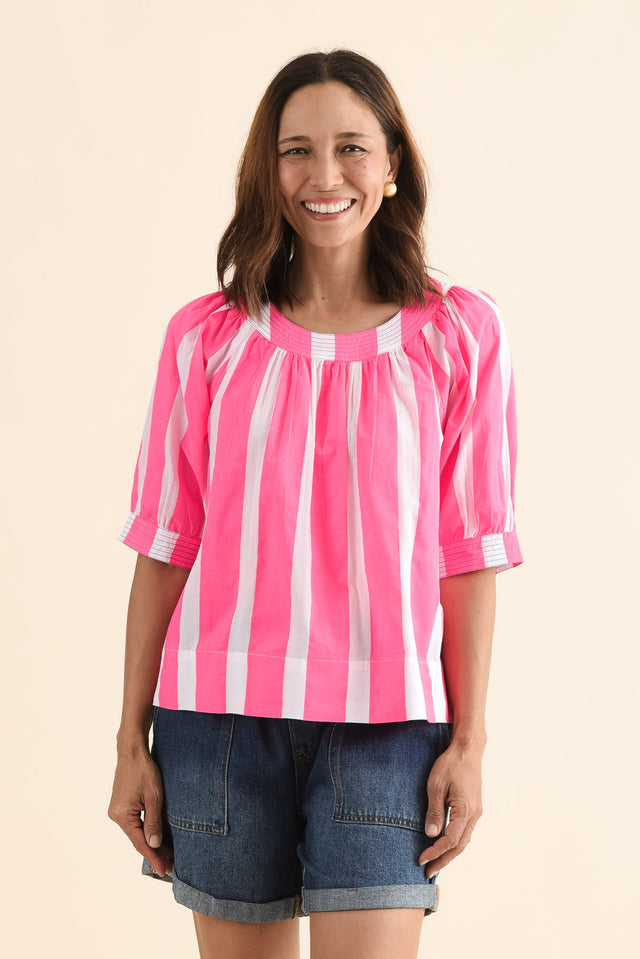 Irma Pink Stripe Cotton Top,Front,Brunette model,alt text|model:Cara image 1