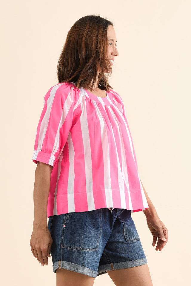 Irma Pink Stripe Cotton Top,Side,Brunette model,alt text|model:Cara image 3