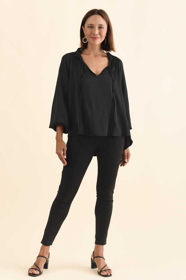 Isaac Black Silk Ruched Top,Brunette model,alt text|model:Cara image 6