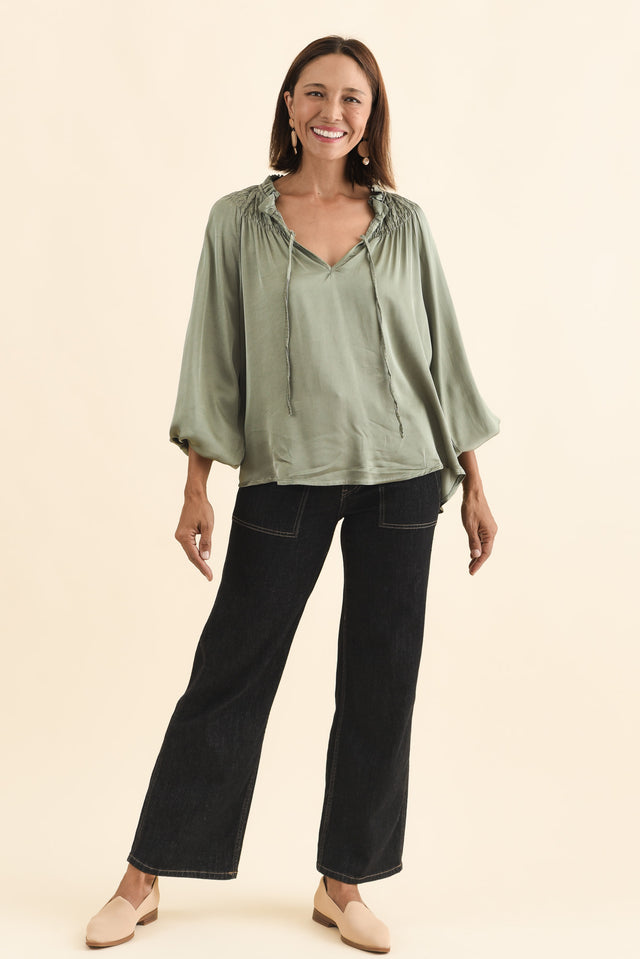 Isaac Khaki Silk Ruched Top,Brunette model,alt text|model:Cara image 3