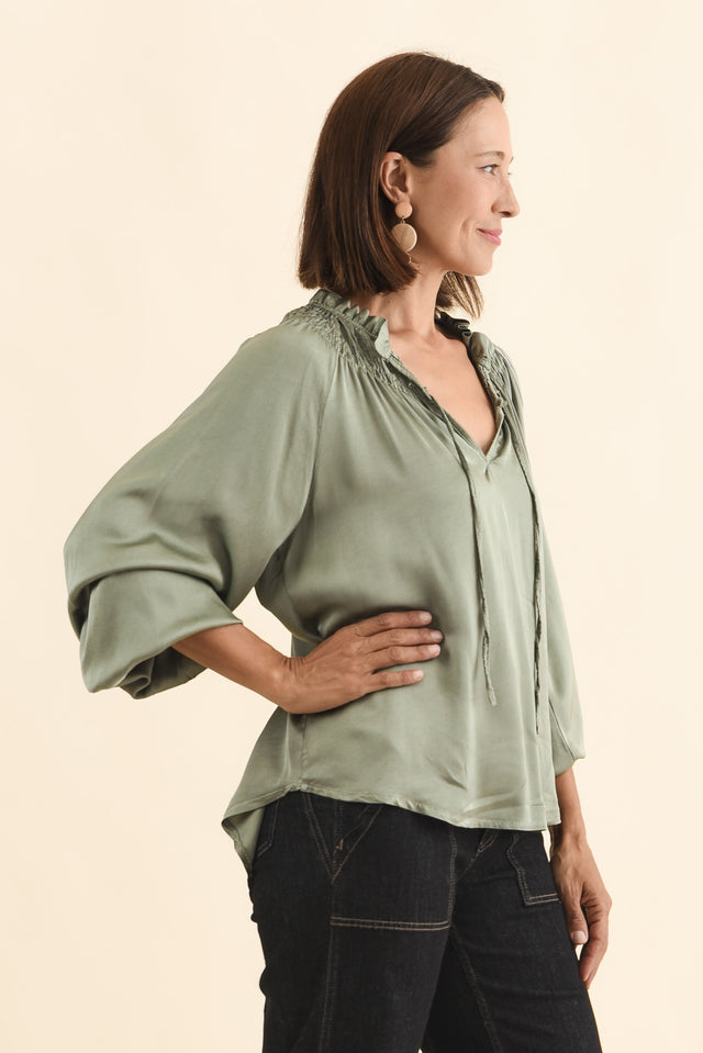 Isaac Khaki Silk Ruched Top,Brunette model,alt text|model:Cara image 4