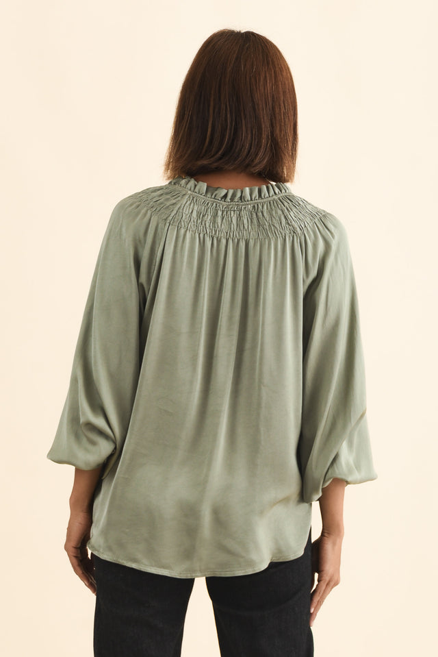 Isaac Khaki Silk Ruched Top,Brunette model,alt text|model:Cara image 5