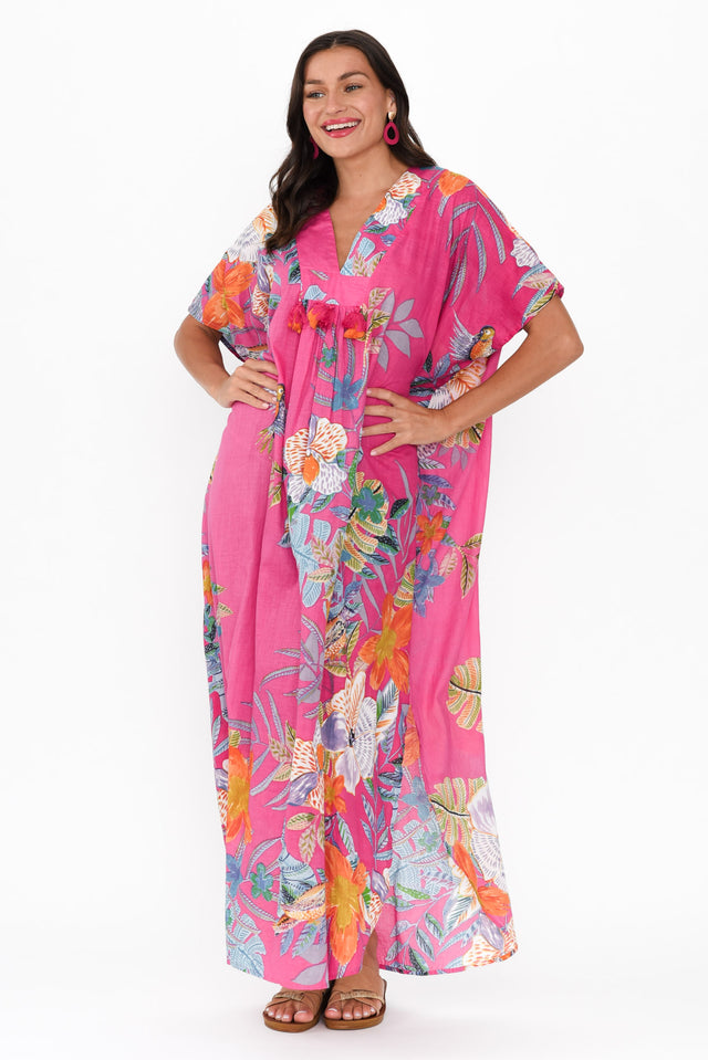 Isla Pink Bird Cotton Kaftan,Brunette model,alt text|model:Brontie image 3