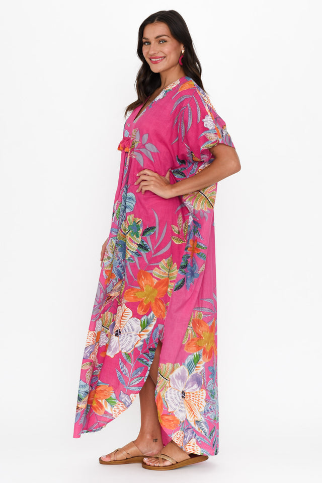 Isla Pink Bird Cotton Kaftan,Brunette model,alt text|model:Brontie image 4