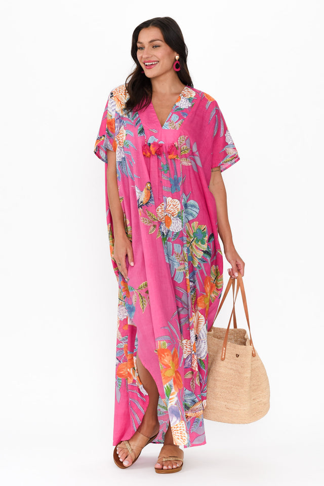 Isla Pink Bird Cotton Kaftan,Brunette model,alt text|model:Brontie