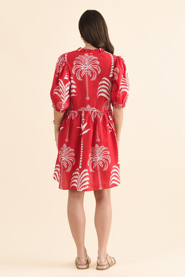Island Time Red Palm Cotton Dress,Back,Brunette model,alt text|model:MJ image 4