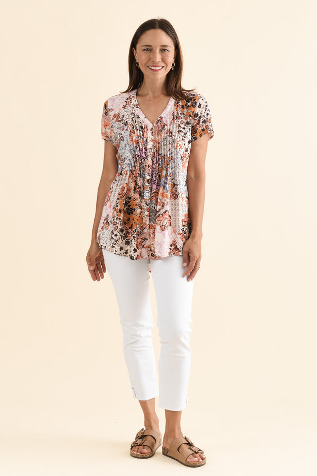 Isobel Pink Flower Button Top,Full Body,Brunette model,alt text|model:Cara image 6