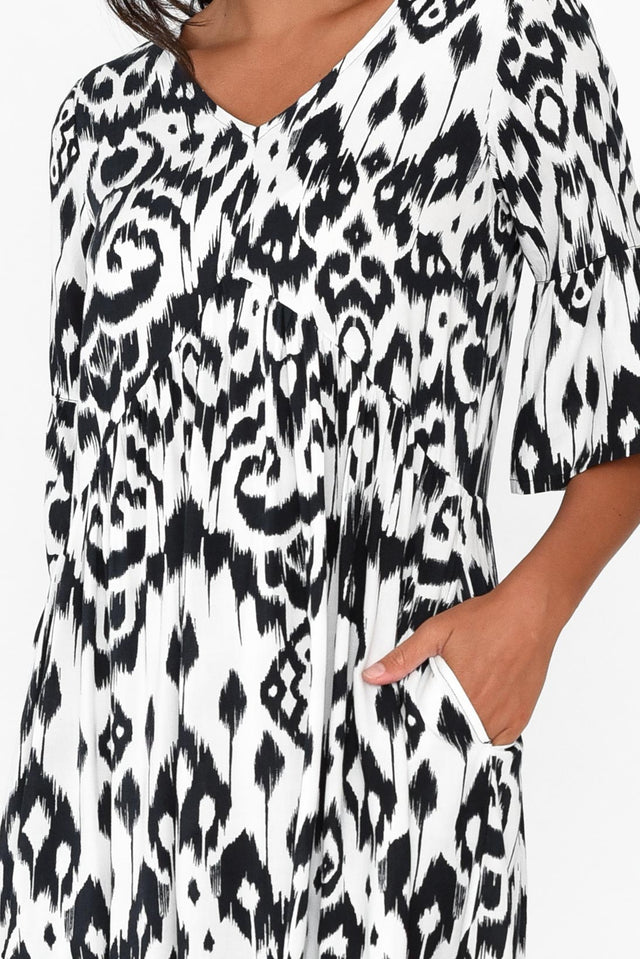 Izmir Black Geo Frill Sleeve Dress