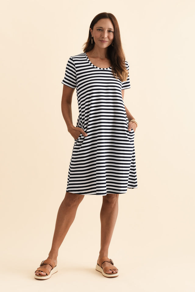 Izzy Navy Stripe Cotton Tee Dress,Brunette model,alt text|model:Cara image 3