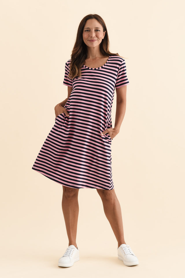 Izzy Pink Stripe Cotton Tee Dress,Brunette model,alt text|model:Cara image 3