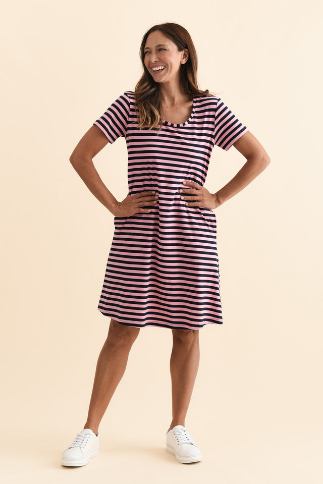Izzy Pink Stripe Cotton Tee Dress,Brunette model,alt text|model:Cara image 7