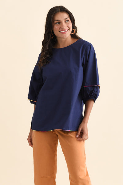 Jada Navy Cotton Puff Sleeve Top