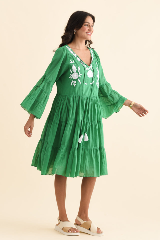Jamaica Green Cotton Embroidered Dress,Brunette model,alt text|model:Brontie image 5