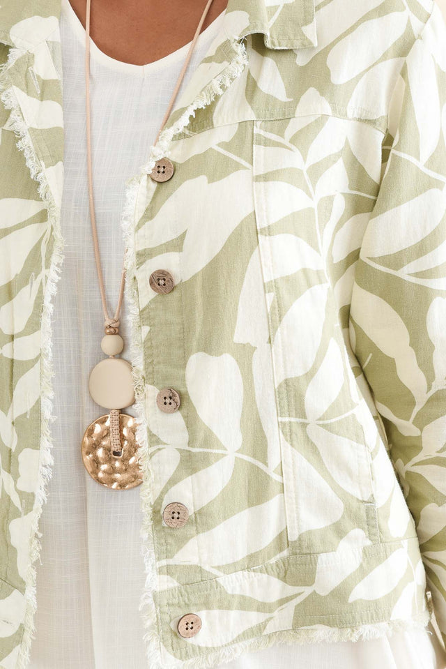 Jamie Khaki Leaf Linen Blend Jacket,Detail,Brunette model,alt text|model:Brontie image 5