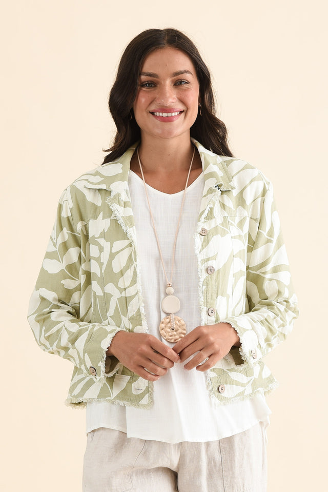 Jamie Khaki Leaf Linen Blend Jacket,Front,Brunette model,alt text|model:Brontie image 1