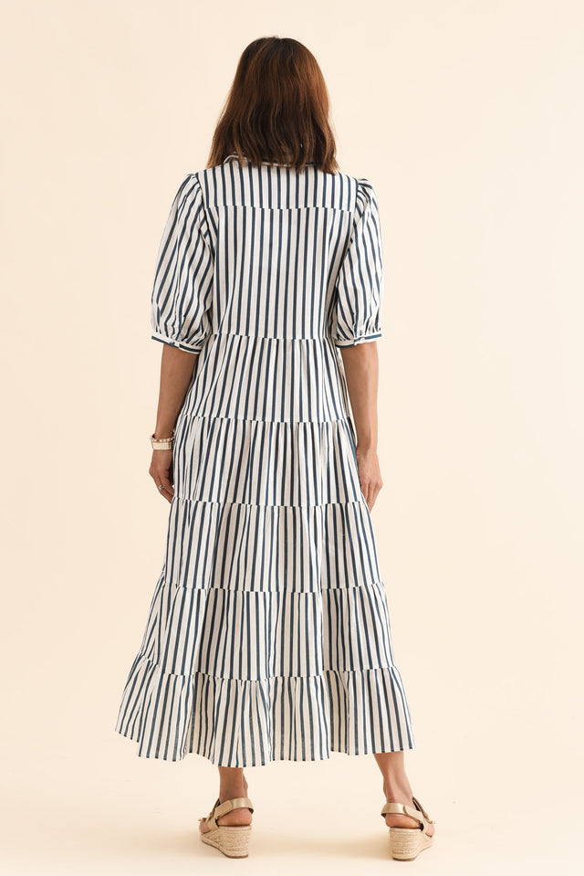 Jane Navy Stripe Linen Shirt Dress,Back,Brunette model,alt text|model:Cara image 4