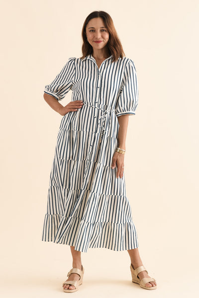 Jane Navy Stripe Linen Shirt Dress
