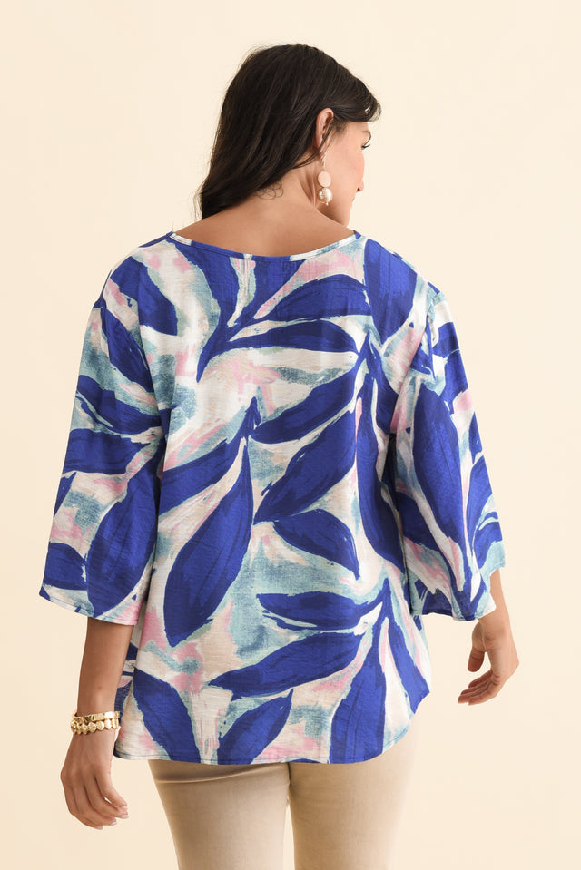 Janelle Blue Leaf V Neck Top,Brunette model,alt text|model:Brontie image 6