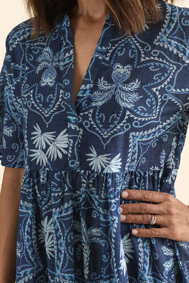 Jasira Blue Palm Cotton Tiered Dress image 5