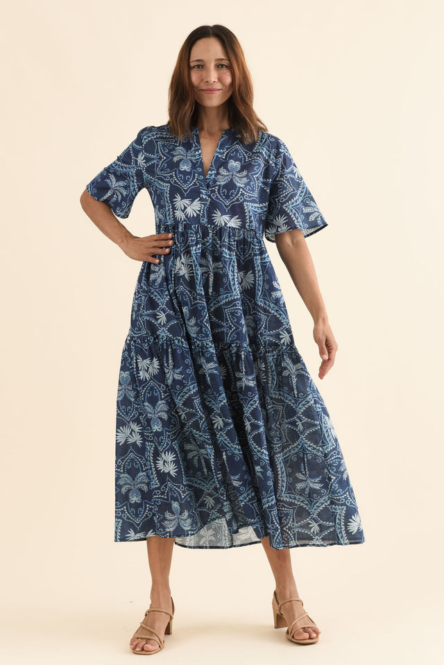Jasira Blue Palm Cotton Tiered Dress image 2