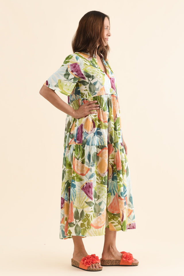 Jasira Yellow Fruity Cotton Tiered Dress image 3