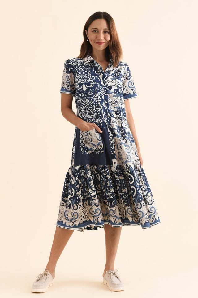 Jaslyn Navy Patchwork Cotton Shirt Dress,Front,Brunette model,alt text|model:Cara image 1