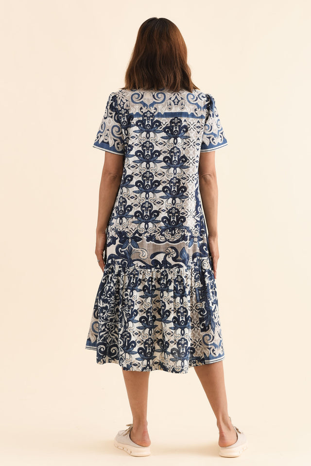 Jaslyn Navy Patchwork Cotton Shirt Dress,Back,Brunette model,alt text|model:Cara image 4