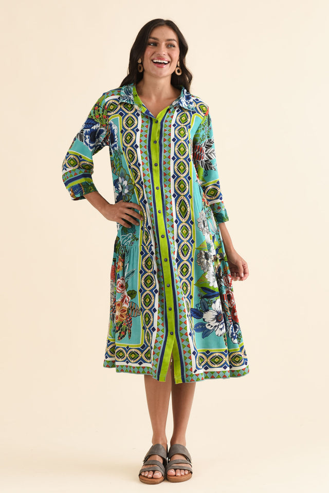 Jaxon Green Floral Tie Dress,Front,Brunette model,alt text|model:Brontie