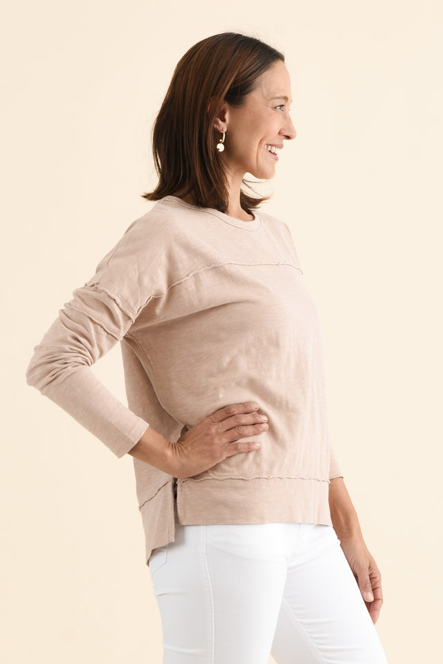Jayne Beige Cotton Throw On Top,brunette model,Side of Outfit,alt text|model:Cara image 3