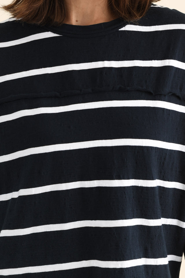 Jayne Navy Stripe Cotton Throw On Top,brunette model,Close up of outfit,alt text|model:Cara image 5