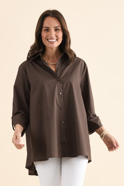 Jeanie Chocolate Cotton Pleated Shirt