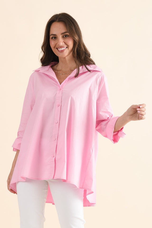Jeanie Pink Cotton Pleated Shirt,Front,Brunette model,alt text|model:MJ