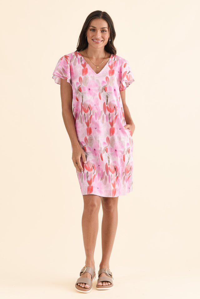 Jemma Pink Floral Cotton Ruffle Dress,Front,Brunette model,alt text|model:Brontie