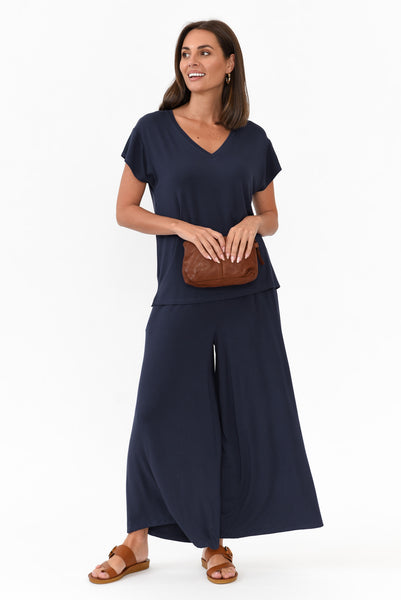 Lola Navy Micro Modal Wide Leg Pants - Blue Bungalow