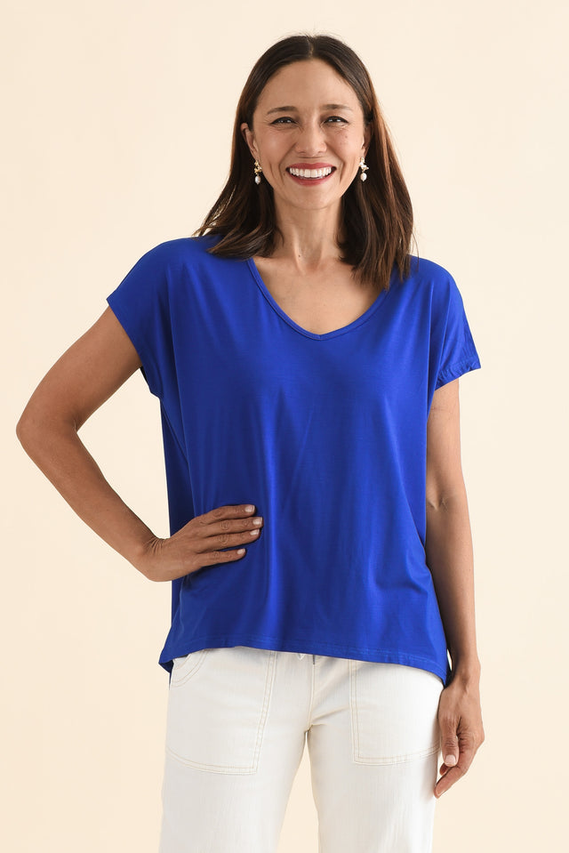 Jenner Cobalt V Neck Tee,Front,Brunette model,alt text|model:Cara image 1